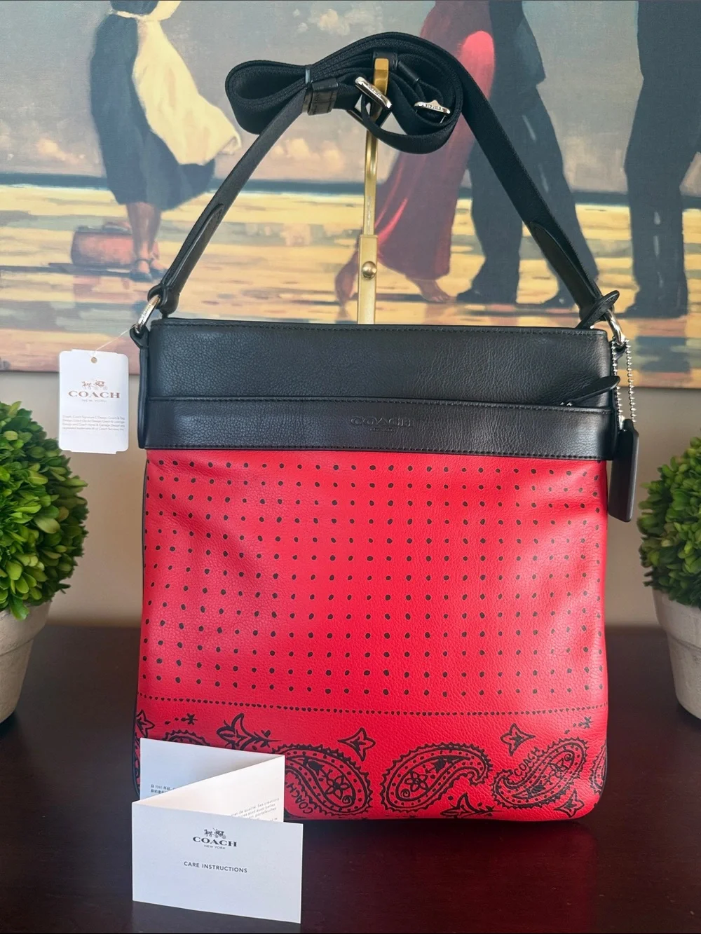 COACH F55961🖤❤️CHARLES❤️🖤RED/BLACK BANDANA LEATHER UNISEX CROSSBODY BAG🌟NWT🌟
